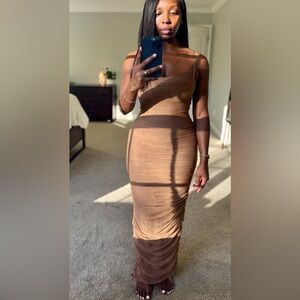 House of CB “(FORNARINA)”– Ruched Mesh Midi Dress (Mocha/Nude)